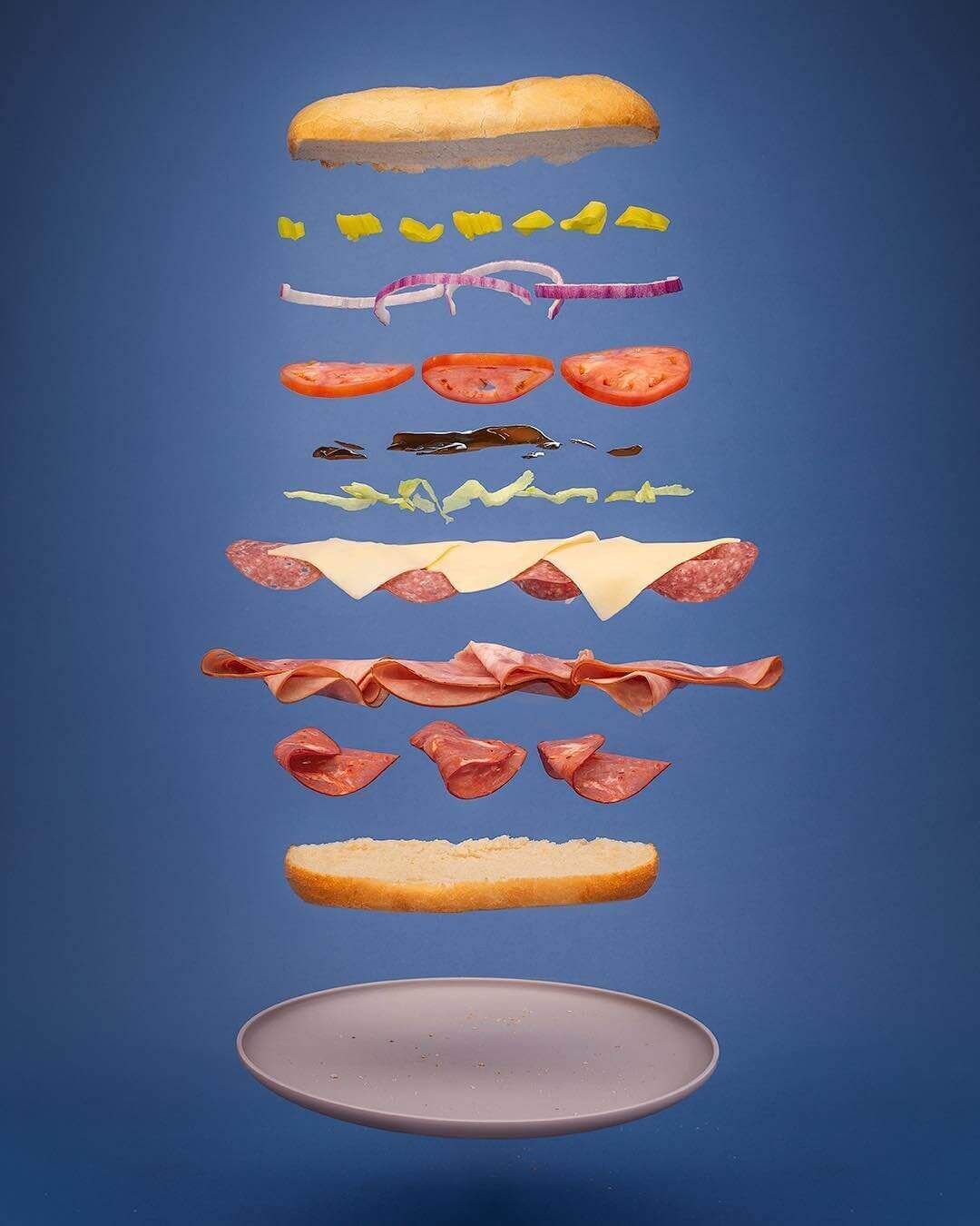 Exploded view photo of sub sandwich ingredients 