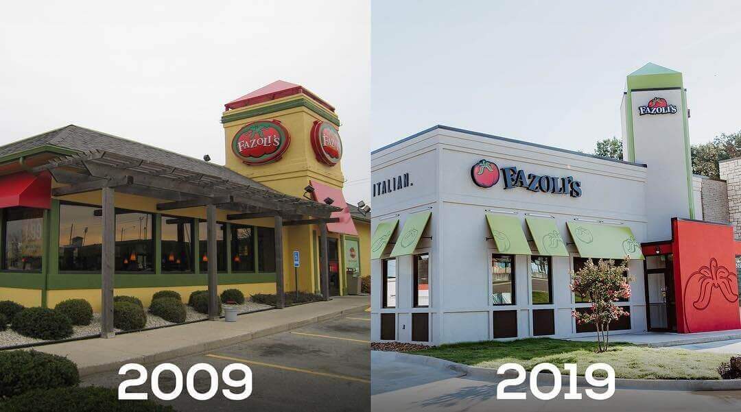 Two side-by-side photos of Fazoli's restaurants showing their redesign progress during a 10-year period 
