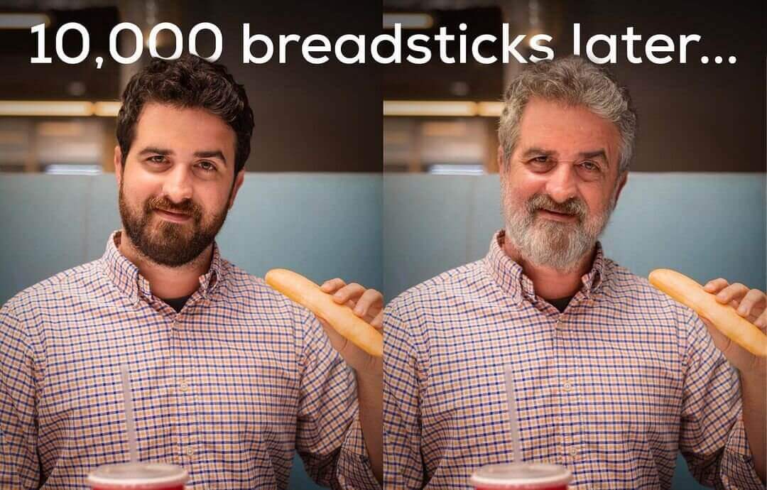 Side-by-side images of a bearded young man enjoying a  breadstick, next to a photoshopped image where the man looks 40 years older 