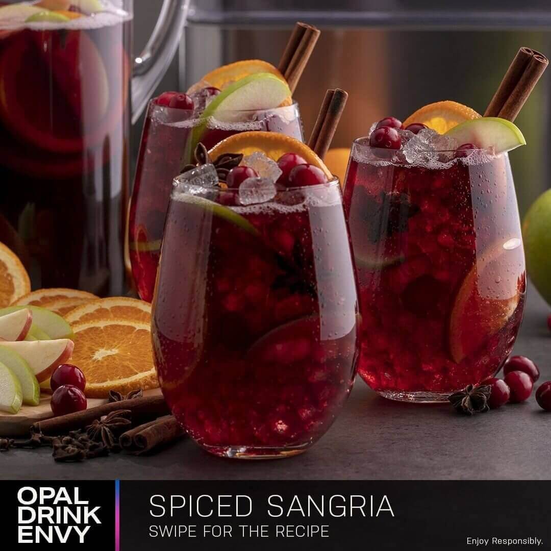 Recipe photo of spiced sangria cocktail chilled with Opal nugget ice 