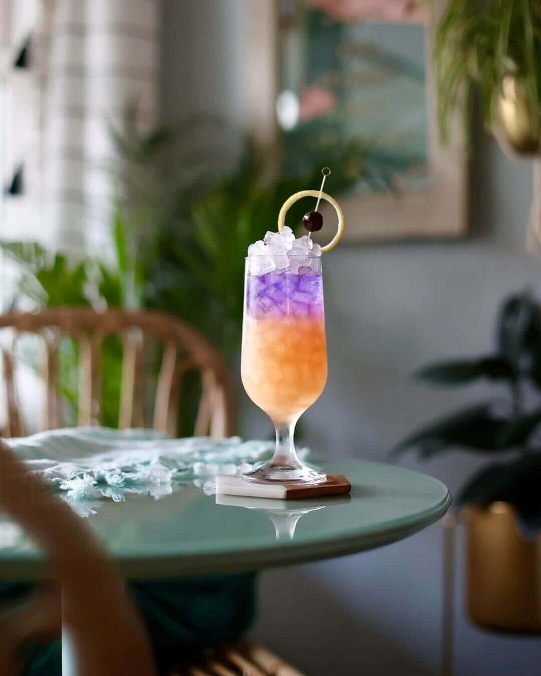 Recipe photo of space-themed cocktail chilled with Opal nugget ice 